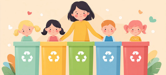 Children teacher recycling bin sorting paper plastic glass metal learning teamwork environmental cheerful education classroom colorful happy eco friendly waste green blue yellow red orange