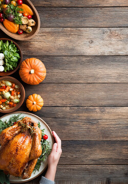 Roasted turkey pumpkin hand wooden table autumn vegetable herb festive meal celebration. hand places golden roasted turkey beside small pumpkins and assorted vegetables rustic wooden table evoking