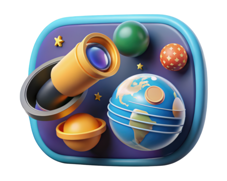 Discovering planets and stars 3d rendered universe exploration through telescope and spherical celestial objects 3d illustration isolated on transparent background