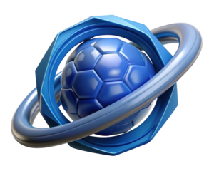 Futuristic blue soccer ball in orbit abstract design 3d illustration isolated on transparent background