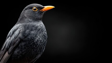 Fototapeta premium A striking close-up of a blackbird, showcasing its glossy feathers and bright orange beak against a dark background.