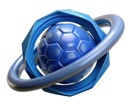 Futuristic blue soccer ball in orbit abstract design 3d illustration isolated on transparent background