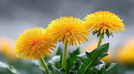 Naklejka premium Three vibrant yellow dandelion flowers stand tall against a blurred background, showcasing their unique round shape and green foliage.