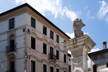 Bassano del Grappa, Vicenza, Veneto, Italy - July 9, 2025 - Views of the city, the castle, and the Alpine Bridge