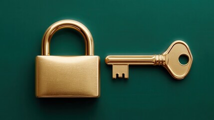 A golden padlock and key on a green background, symbolizing security, protection, and access.