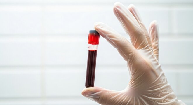 Gloved hand holding blood sample vial for medical analysis and research in a pristine lab setting for pharmaceutical innovation