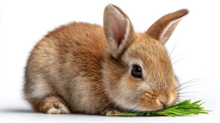 Obraz premium A cute brown rabbit resting on green grass, showcasing its fluffy fur and attentive expression in a serene setting.