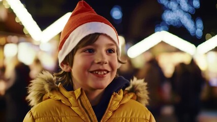 A joyful child in a Santa hat at a Christmas market - Powered by Adobe