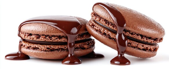 Two chocolate macarons drizzled with melted chocolate