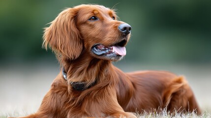 A golden retriever lies gracefully on the grass, showcasing its vibrant coat and friendly demeanor in a serene outdoor setting.