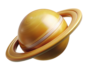 Golden saturn planet with rings scifi galaxy space exploration celestial body cosmic scene 3d illustration isolated on transparent background