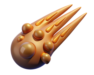 Golden comet space object with fiery tail meteor shower gold shiny object 3d illustration isolated on transparent background