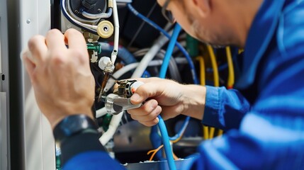 Technician repairing refrigeration equipment, using tools like screwdrivers and wrenches to fix components, checking wiring and coolant levels, wearing gloves and a uniform, working in a commercial ki