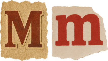 Vintage Uppercase and Lowercase "M" in Bold Serif on Torn Paper Background
