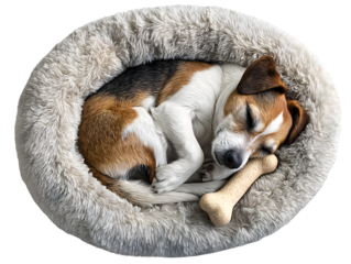 Top View of Relaxed Dog Curled Up on Oval Bed with Bone Toy Nearby, Peaceful Expression, Isolated on Transparent Background