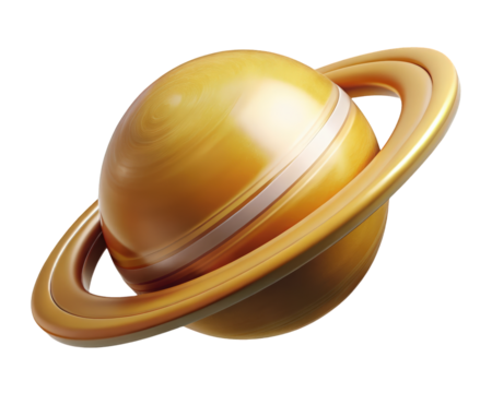 Golden saturn planet with rings scifi galaxy space exploration celestial body cosmic scene 3d illustration isolated on transparent background