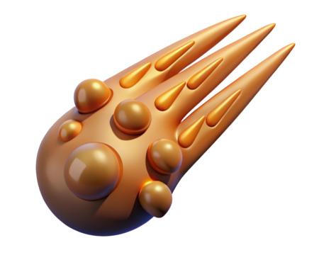 Golden comet space object with fiery tail meteor shower gold shiny object 3d illustration isolated on transparent background