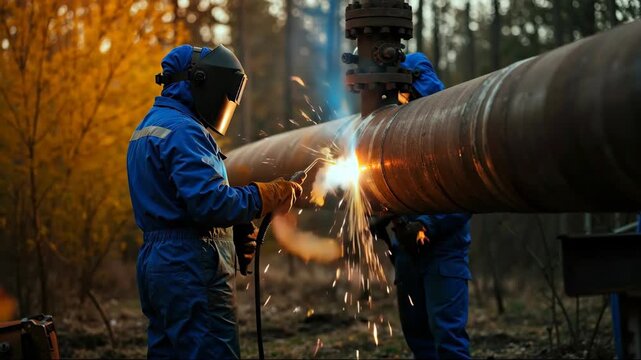 Welder protective mask welding metal pipe sparks flying industrial work. Industrial welding manufacturing concept. Welding services metal fabrication industrial banner