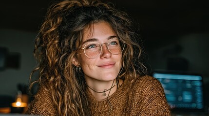 Smiling Woman with Curly Hair and Glasses in Low Light