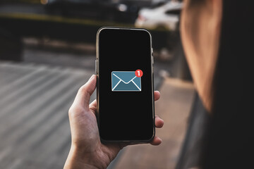 Notification of messages, emails on mobile screen. Concept of marketing and business by emails, newsletters, and online internet coordination