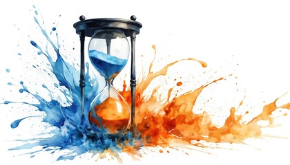 Vibrant abstract watercolor painting of hourglass with blue and orange gradient. Slender glass hourglass on gray background surrounded by splashes of blue and orange paint. Movement and energy.