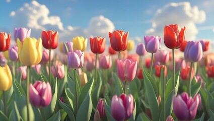 A field of blooming tulips in vibrant colors, soft sunlight and blue sky, springtime freshness &ndash; photoreal floral scene