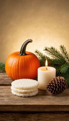 Low candle beside a miniature pumpkin, rice cakes, and pine sprig on a wooden surface. Soft gradient background from cream to gold. Ideal for Chuseok campaigns, wellness branding, and seasonal design.