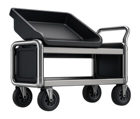 Plumbing trolley with a tilting top compartment for easy access to fittings and connectors in a repair garage.