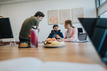 Three business professionals converse in a contemporary office environment, emphasizing...