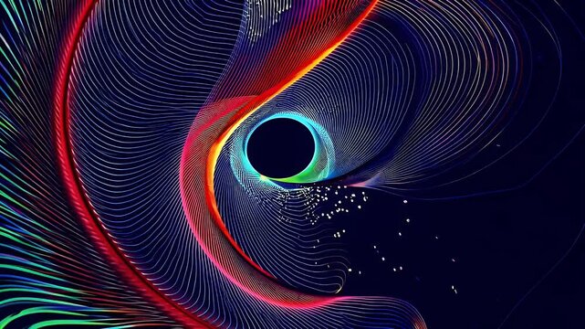 swirling animated spiral colorful digital lines dances black background forming lix shapes abstract patterns perfect motion design science visuals futuristic 3D animation