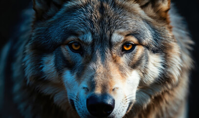 Fototapeta premium Close-up wolf face with striking orange-yellow eyes. Detailed shot animal fur. Predator in natural habitat. Wildlife concept, canis lupus portrait, stunning gaze, majestic look, strong wild mammal.