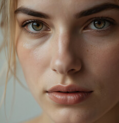 Fototapeta premium Macro close-up of beautiful woman face with smooth skin, freckles. Glossy lips, blonde hair, hazel eyes. Beauty concept for skincare, cosmetics, cosmetology, make-up promo. Perfect face with natural