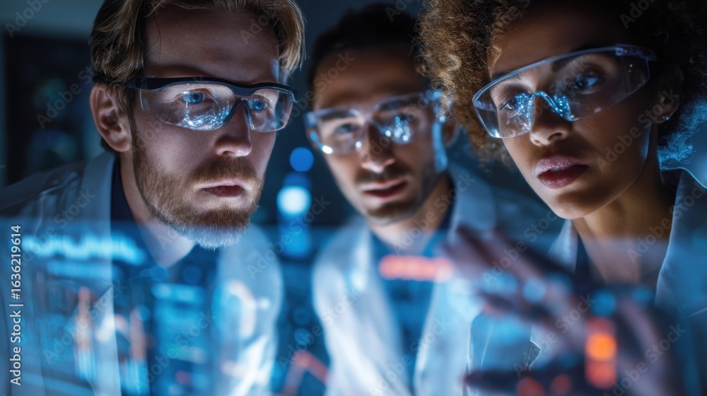 Poster a group of scientists collaborating around a digital interface their focused expressions illuminated