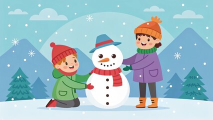 Two happy children building a snowman together in a snowy landscape with mountains and pine trees, capturing the joy of winter outdoor activities and childhood fun