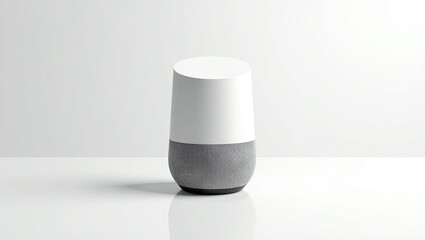 Gray and white smart speaker on a white surface.