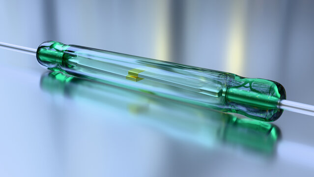Reed Switch - Reed Relay - Electronic components. Closeup of a magnetically operated, green glass reed switch type SPST with Gold flashed contacts in the open position.