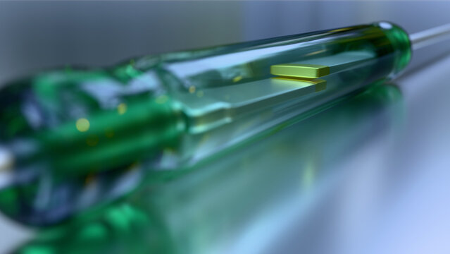 Reed Switch - Reed Relay - Electronic components. Closeup of a magnetically operated, green glass reed switch type SPST with Gold flashed contacts in the open position.