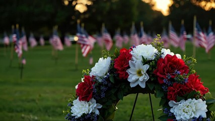 Red white flowers memorial cemetery flags patriotic remembrance veterans honor military service tribute