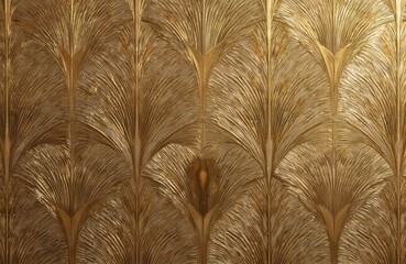 Plakat Geometric art deco wallpaper with embossed symmetrical patterns, gold accents. Intricate line design, luxurious vintage ornate style. Refined architecture, classic repeating seamless motif. Abstract