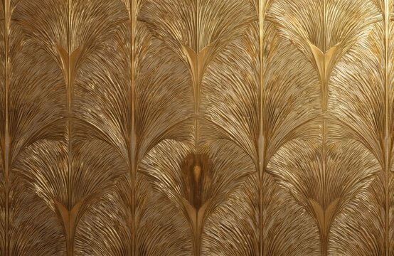 Geometric art deco wallpaper with embossed symmetrical patterns, gold accents. Intricate line design, luxurious vintage ornate style. Refined architecture, classic repeating seamless motif. Abstract