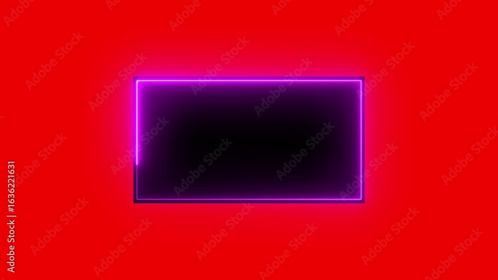 Poster glowing neon rectangle frame with purple outline on red background abstract geometric shape