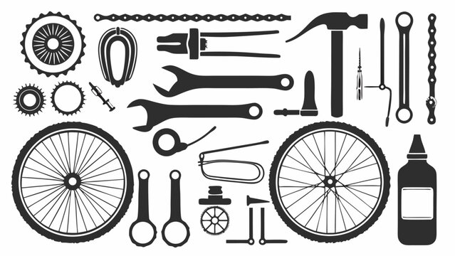 Illustration of various bicycle repair tools and components arranged on a white background surface silhouette - Powered by Adobe