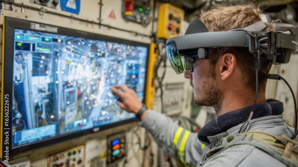 Poster a participant wearing an augmented reality headset fully engaged in a digital training module with a