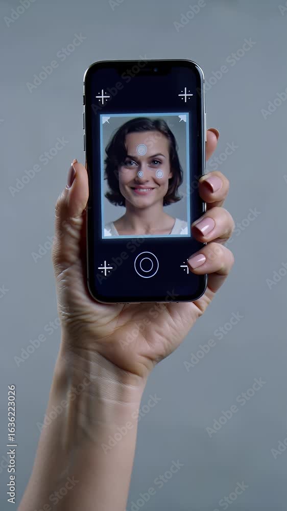 Poster woman holding smartphone displaying identity verification request on screen