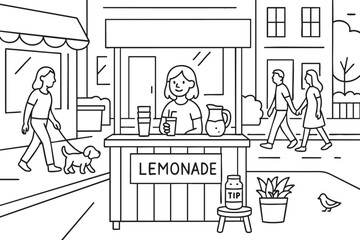 Girl selling lemonade at street stand in city. Vector illustration