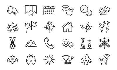 Fototapeta premium Minimalist Line Icon Set – Bell, Bookmark, Calendar, Chat, Clock, Email, Fire, Flag, Flower, Home, Leaf, Lightning, Medal, Mountain, Phone, Gear, Communication Tower, Snowflake, Star, Stopwatch, Sun