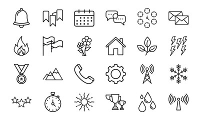 Fototapeta premium Minimalist Line Icon Set – Bell, Bookmark, Calendar, Chat, Clock, Email, Fire, Flag, Flower, Home, Leaf, Lightning, Medal, Mountain, Phone, Gear, Communication Tower, Snowflake, Star, Stopwatch, Sun