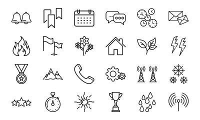 Fototapeta premium Minimalist Line Icon Set – Bell, Bookmark, Calendar, Chat, Clock, Email, Fire, Flag, Flower, Home, Leaf, Lightning, Medal, Mountain, Phone, Gear, Communication Tower, Snowflake, Star, Stopwatch, Sun