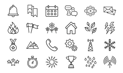 Fototapeta premium Minimalist Line Icon Set – Bell, Bookmark, Calendar, Chat, Clock, Email, Fire, Flag, Flower, Home, Leaf, Lightning, Medal, Mountain, Phone, Gear, Communication Tower, Snowflake, Star, Stopwatch, Sun
