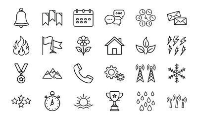 Minimalist Line Icon Set – Bell, Bookmark, Calendar, Chat, Clock, Email, Fire, Flag, Flower, Home, Leaf, Lightning, Medal, Mountain, Phone, Gear, Communication Tower, Snowflake, Star, Stopwatch, Sun